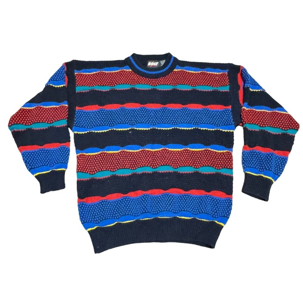 Vtg 90s Lightning Bolt Sweater Size XL Coogi Style Black Red Blue Stripe Mens